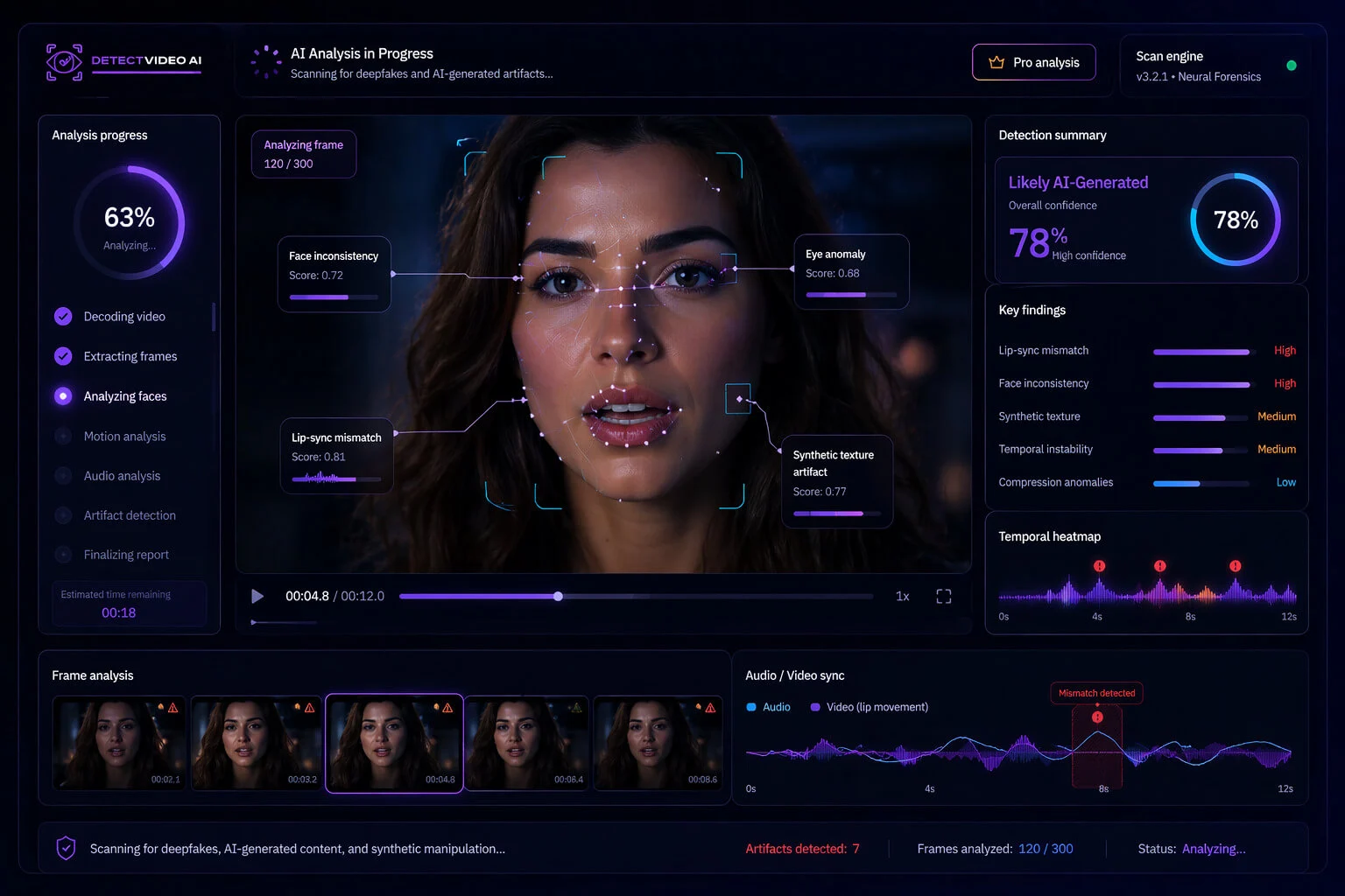 Illustrative analysis view with a video frame and several signal summaries